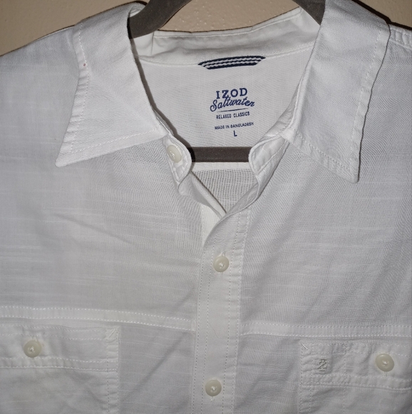 Men's Large IZOD Saltwater White Relaxed Classics 100% Cotton Button Up Shirt - Picture 3 of 5